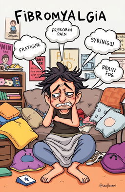 A humorous illustration depicting fibromyalgia syndrome in a funny and light-hearted manner