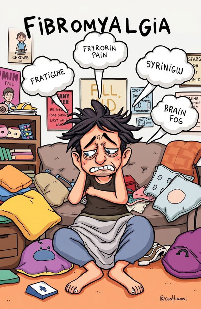A humorous illustration depicting fibromyalgia syndrome in a funny and light-hearted manner