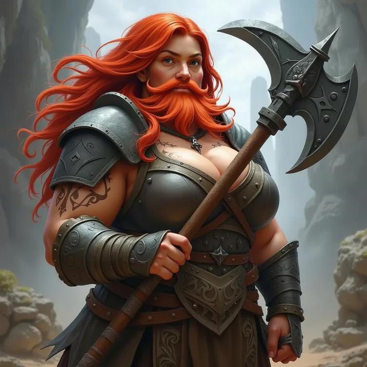 A fierce female warrior with long red hair and a vibrant red beard