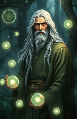A richly detailed portrait of an enchanting sage, dressed in flowing robes adorned with intricate patterns