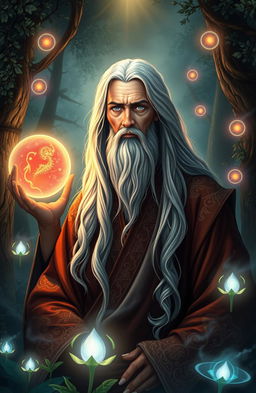 A richly detailed portrait of an enchanting sage, dressed in flowing robes adorned with intricate patterns