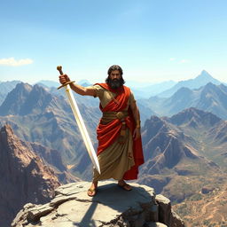 A majestic depiction of Cyrus the Great standing on a rocky outcrop, overlooking mountainous terrain