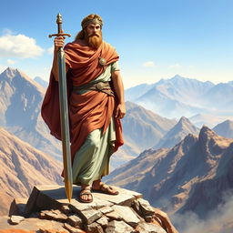 A majestic depiction of Cyrus the Great standing on a rocky outcrop, overlooking mountainous terrain