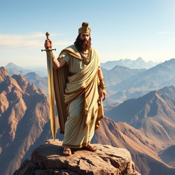 A majestic depiction of Cyrus the Great standing on a rocky outcrop, overlooking mountainous terrain