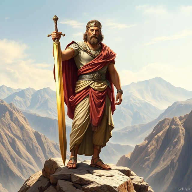 A majestic depiction of Cyrus the Great standing on a rocky outcrop, overlooking mountainous terrain