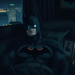 Batman peacefully sleeping in his iconic black suit, with the Bat symbol faintly illuminated on his chest