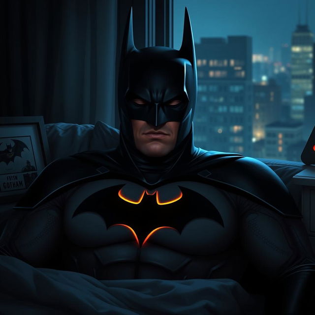 Batman peacefully sleeping in his iconic black suit, with the Bat symbol faintly illuminated on his chest