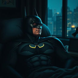 Batman peacefully sleeping in his iconic black suit, with the Bat symbol faintly illuminated on his chest