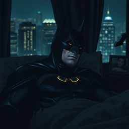 Batman peacefully sleeping in his iconic black suit, with the Bat symbol faintly illuminated on his chest