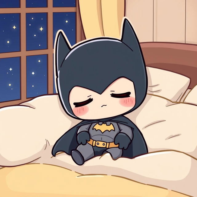 A kawaii-style illustration of Batman peacefully sleeping