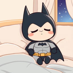 A kawaii-style illustration of Batman peacefully sleeping