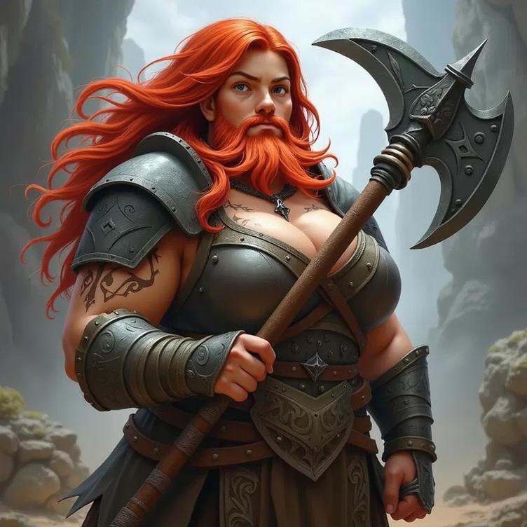 A fierce female warrior with long red hair