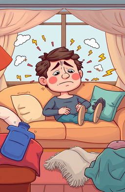 A humorous illustration depicting fibromyalgia as a quirky character personifying pain and fatigue