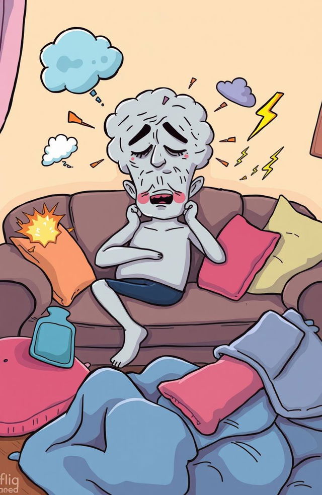 A humorous illustration depicting fibromyalgia as a quirky character personifying pain and fatigue