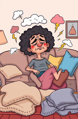 A humorous illustration depicting fibromyalgia as a quirky character personifying pain and fatigue