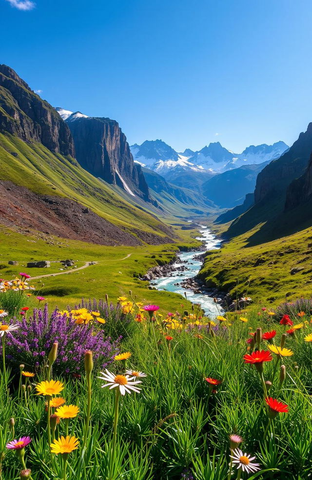 A beautiful landscape featuring vibrant flora and dramatic cliffs under a bright blue sky, with lush green grass and a flowing river cutting through the scene