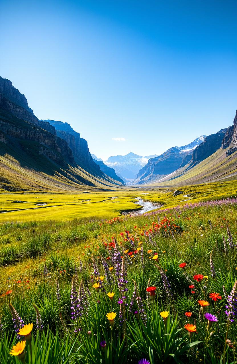 A beautiful landscape featuring vibrant flora and dramatic cliffs under a bright blue sky, with lush green grass and a flowing river cutting through the scene