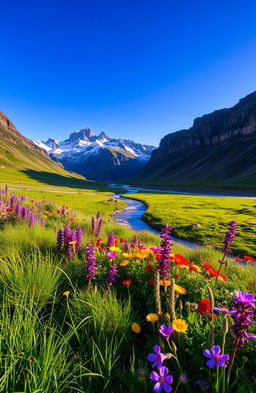 A beautiful landscape featuring vibrant flora and dramatic cliffs under a bright blue sky, with lush green grass and a flowing river cutting through the scene