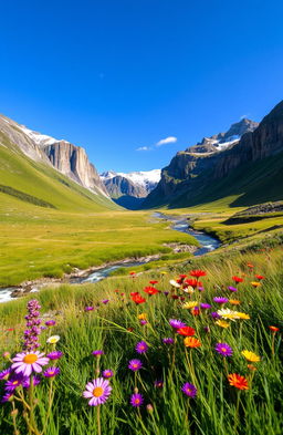 A beautiful landscape featuring vibrant flora and dramatic cliffs under a bright blue sky, with lush green grass and a flowing river cutting through the scene