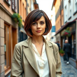 An Italian woman, 40 years old, featuring a stylish short bob haircut with dark brown hair infused with a copper tint