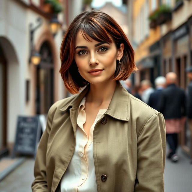 An Italian woman, 40 years old, featuring a stylish short bob haircut with dark brown hair infused with a copper tint