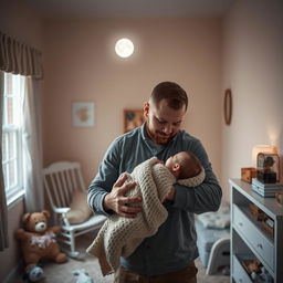 A serene scene of a man gently nursing his infant child in a cozy, dimly lit nursery at midnight