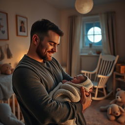 A serene scene of a man gently nursing his infant child in a cozy, dimly lit nursery at midnight