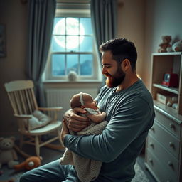 A serene scene of a man gently nursing his infant child in a cozy, dimly lit nursery at midnight