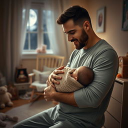 A serene scene of a man gently nursing his infant child in a cozy, dimly lit nursery at midnight