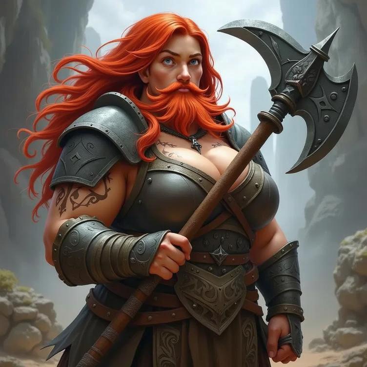 A fierce female warrior with long flowing red hair