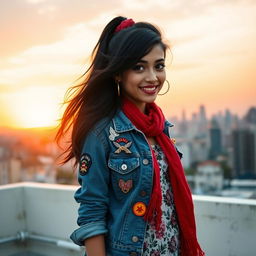 A fashionable young woman with long black hair and a vibrant red scarf, wearing a denim jacket adorned with pins and patches over a floral dress