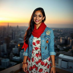 A fashionable young woman with long black hair and a vibrant red scarf, wearing a denim jacket adorned with pins and patches over a floral dress