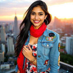 A fashionable young woman with long black hair and a vibrant red scarf, wearing a denim jacket adorned with pins and patches over a floral dress