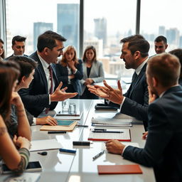 A tense workplace scene featuring a conference table in a modern office setting