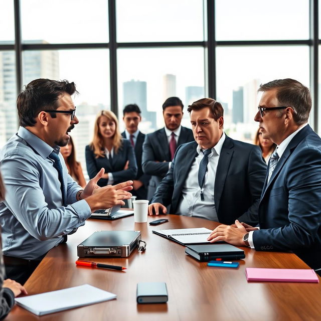 A tense workplace scene featuring a conference table in a modern office setting