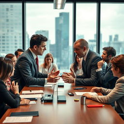 A tense workplace scene featuring a conference table in a modern office setting