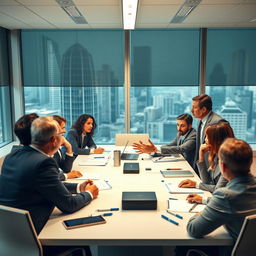 A tense workplace scene featuring a conference table in a modern office setting