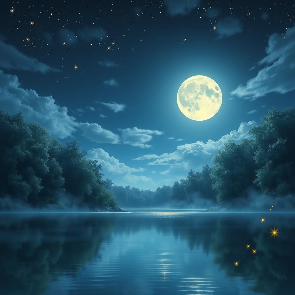 A serene nighttime scene featuring a beautiful full moon illuminating a calm lake surrounded by lush trees