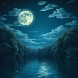 A serene nighttime scene featuring a beautiful full moon illuminating a calm lake surrounded by lush trees