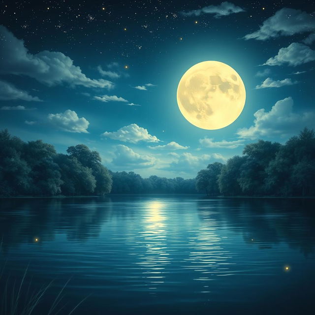 A serene nighttime scene featuring a beautiful full moon illuminating a calm lake surrounded by lush trees