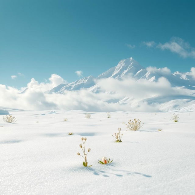 A surreal landscape dominated by the color white, featuring soft, fluffy clouds in a bright blue sky