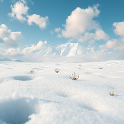 A surreal landscape dominated by the color white, featuring soft, fluffy clouds in a bright blue sky