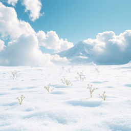 A surreal landscape dominated by the color white, featuring soft, fluffy clouds in a bright blue sky