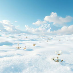 A surreal landscape dominated by the color white, featuring soft, fluffy clouds in a bright blue sky