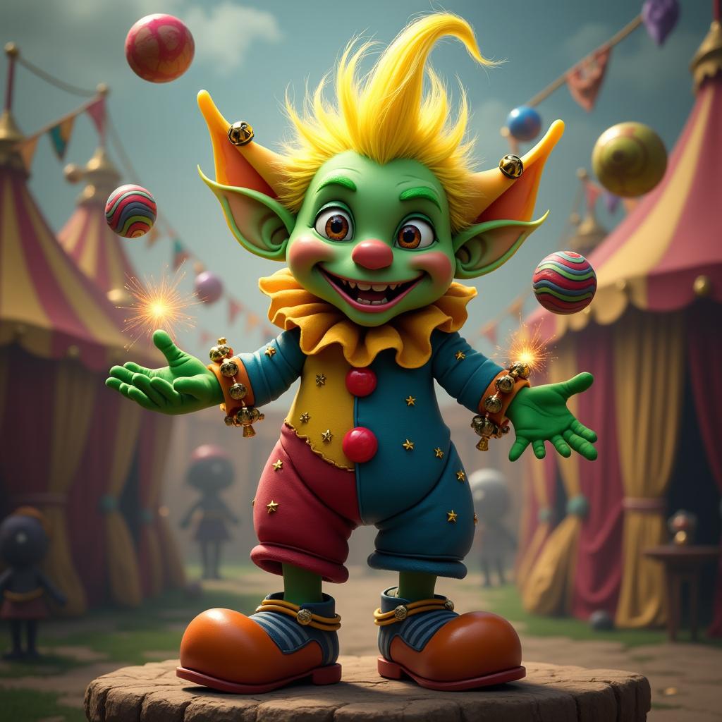 A whimsical, mischievous goblin clown with vibrant green skin and exaggerated facial features