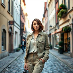 A sophisticated Italian woman, 40 years old, with a full figure, showcasing a short bob haircut featuring dark brown hair with a subtle copper tint