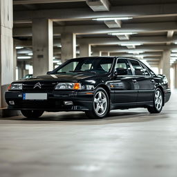 A stylish black Citroën Xantia parked in a modern parking garage