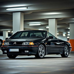 A stylish black Citroën Xantia parked in a modern parking garage