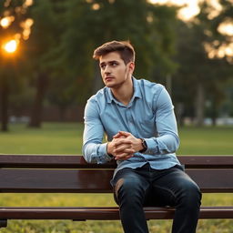 A young man sitting on a park bench, looking pensive and anxious, with a somber expression