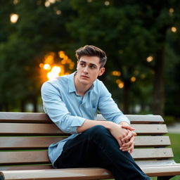 A young man sitting on a park bench, looking pensive and anxious, with a somber expression